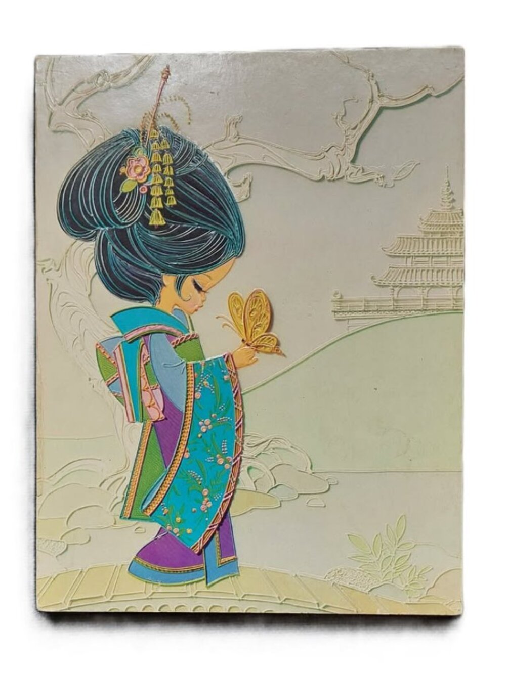 Vintage 70s Carlton American Greetings MCM Japanese Geisha Wood Wall Art Plaque